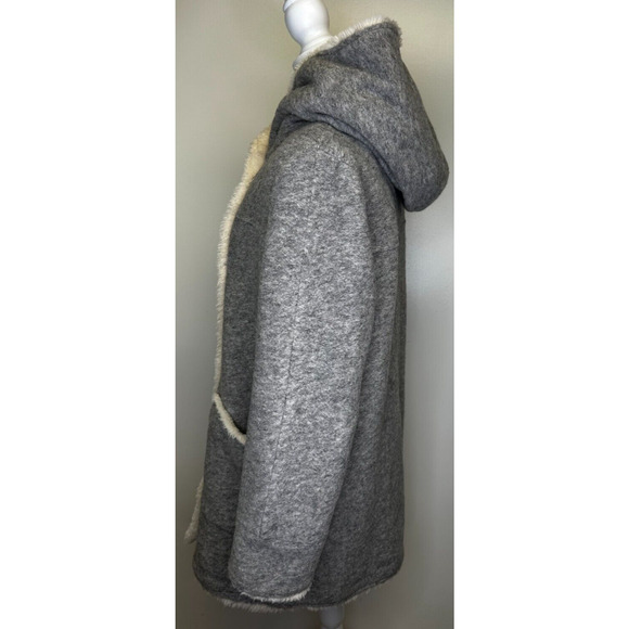 Zara Trafaluc Outerwear Women's Gray Hooded Wool Blend Coat Faux Fur Trim Size L - Picture 2 of 16